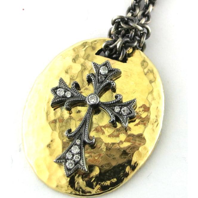 Hammered Gold Cross Pendent Diamonds